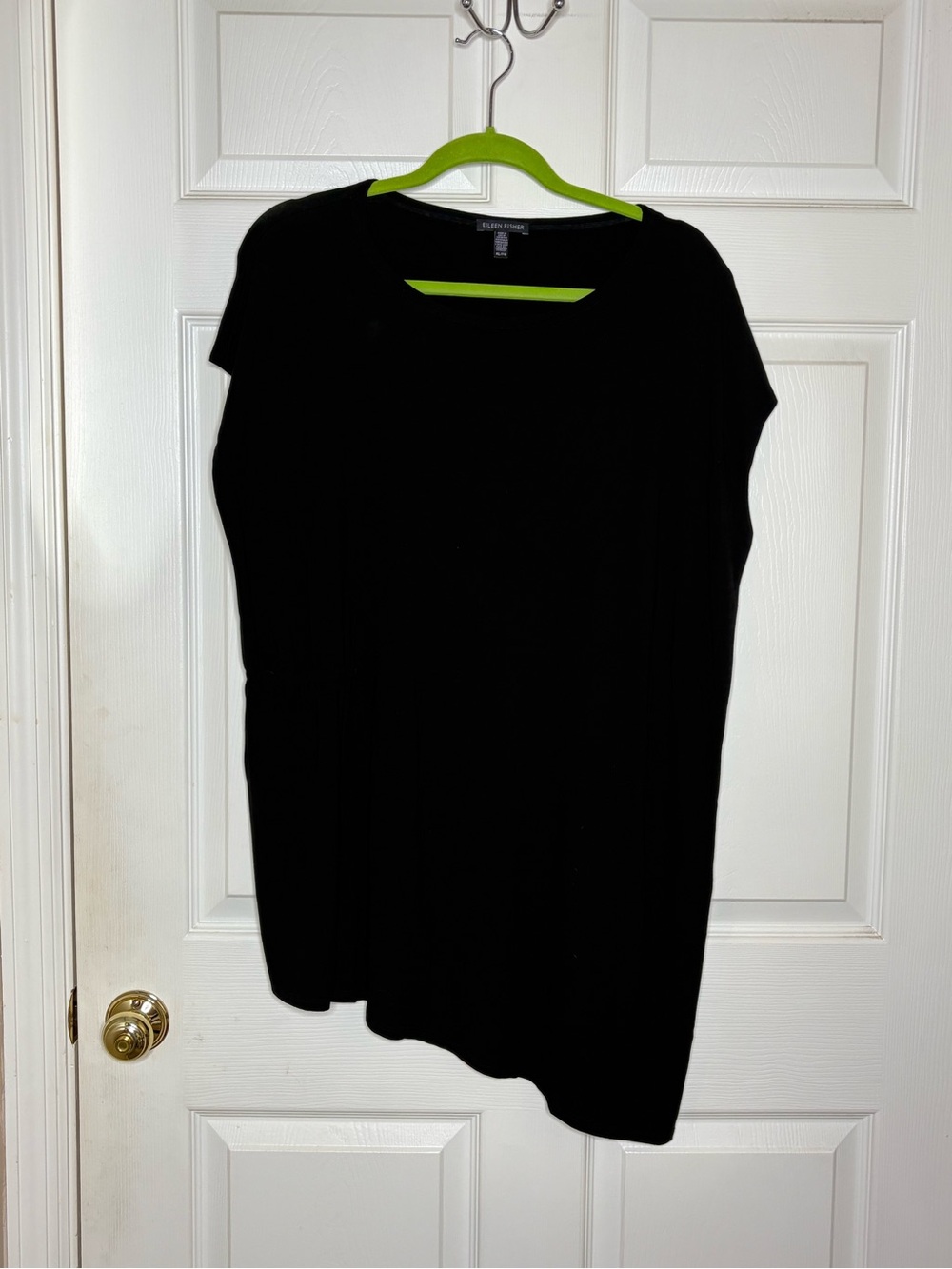Eileen Fisher Black Short Sleeve Tunic Top asymmetrical hem cinched side